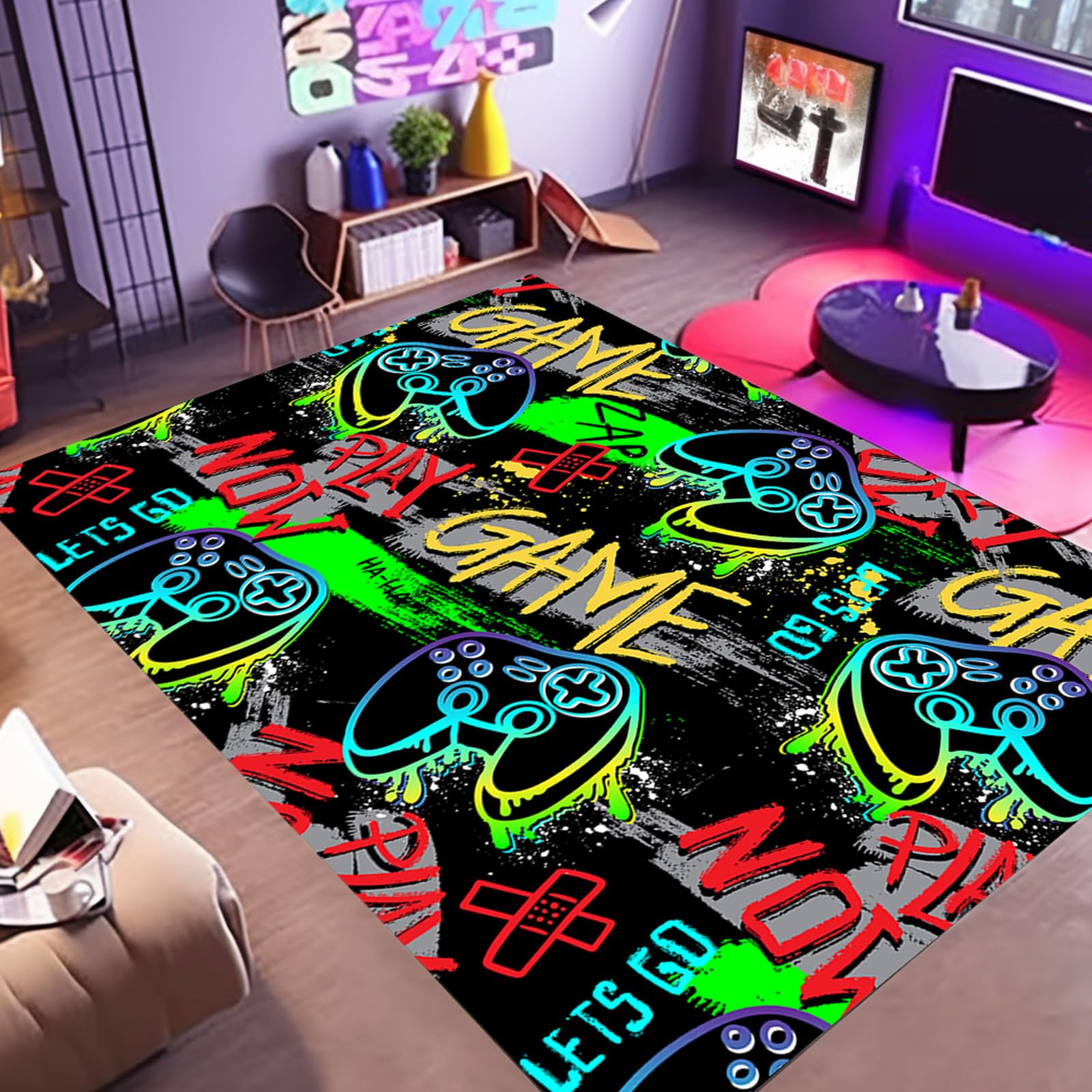 Street Graffiti Game Controller Themed Rug, Neon Play Now Slogan Floor Mat for Gaming Room,Bedroom, Non-Slip Decorative Carpet 60cm x 90cm