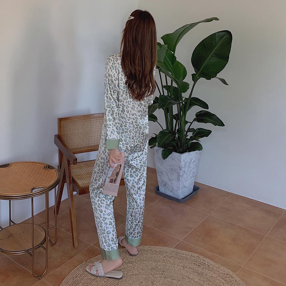 Women's Green Leopard Print Silk Pajama Set - Long Sleeve & Pants - Lightweight Satin for Autumn & Spring