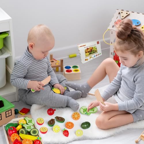 CARLORBO Wooden Pretend Play Set with Vegetables and Fruits, Montessori Style, Wooden Educational Toys for Girls and Boys, Popular Pretend Play Gift