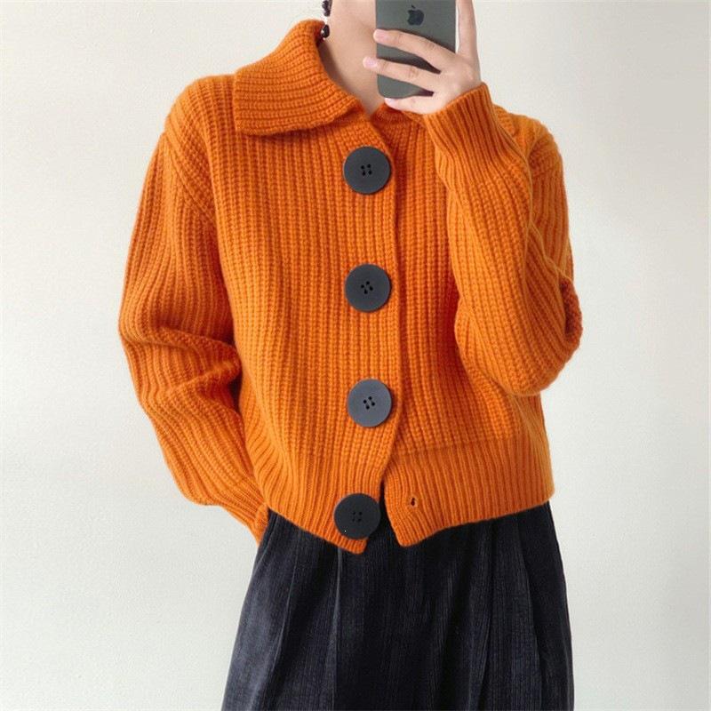 Retro Korean Big Button Knit Cardigan - Women's Fashionable Lapel Sweater, Autumn/Winter Loose Style Outerwear