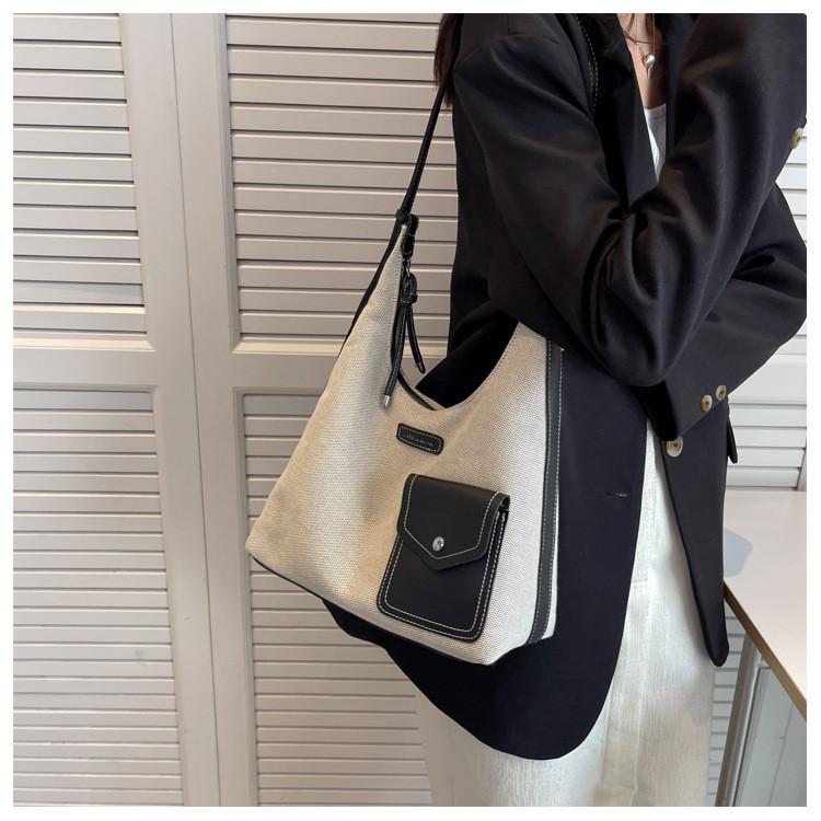 Black And Brown Canvas Tote Bag For Women 2024 Chic And Spacious With Color Block Design