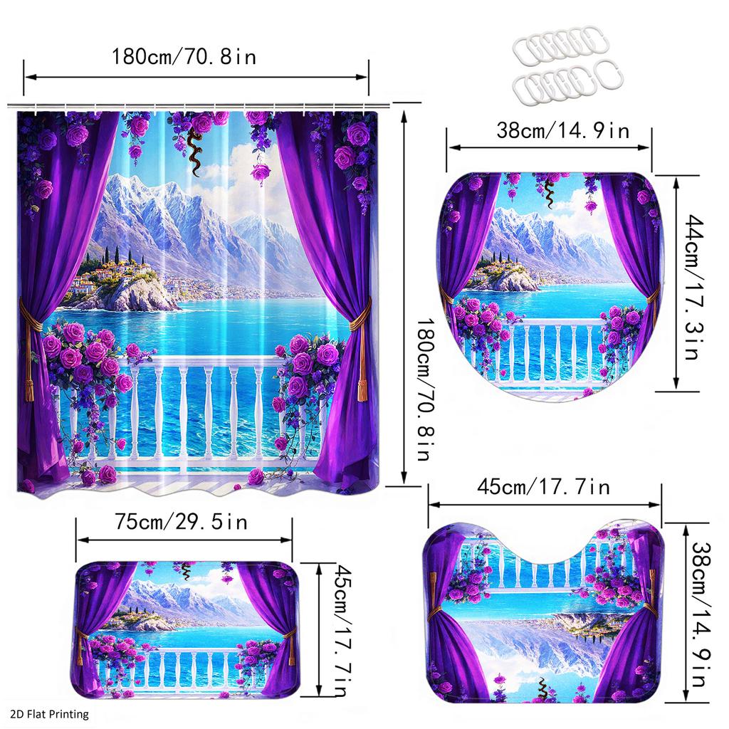4Pcs Set Featuring Shower Curtain Set with Non-Slip Bath Mat, Toilet Lid Cover, Contour Rug & 12 Hooks, Bathroom Decor