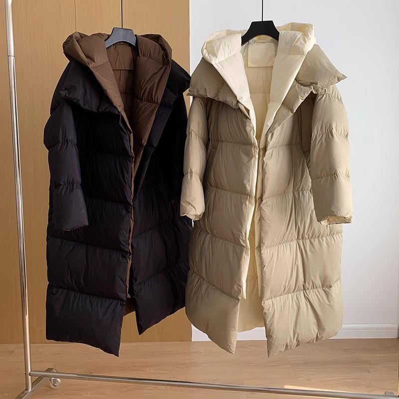 

White duck down long down jacket women s high-end women s 2024 winter new thickened loose fake two pieces over the knee hooded S чорний