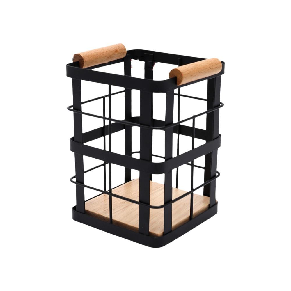 

Square Iron Kitchen Storage Basket Wooden Base Anti-slip Stationery Storage Holder Hollow Decorative Chopstick Spoon Storage Box чёрный