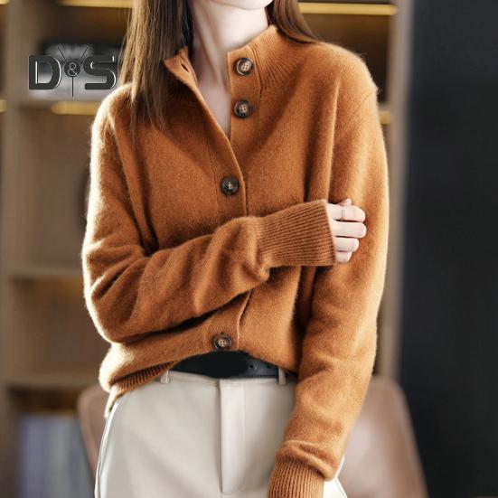 Damen Pullover Mantel Einreihig Stehkragen Lange Ärmel Strick Locker Reine Farbe Strickwaren Kurz Typ Strickjacke Jacke