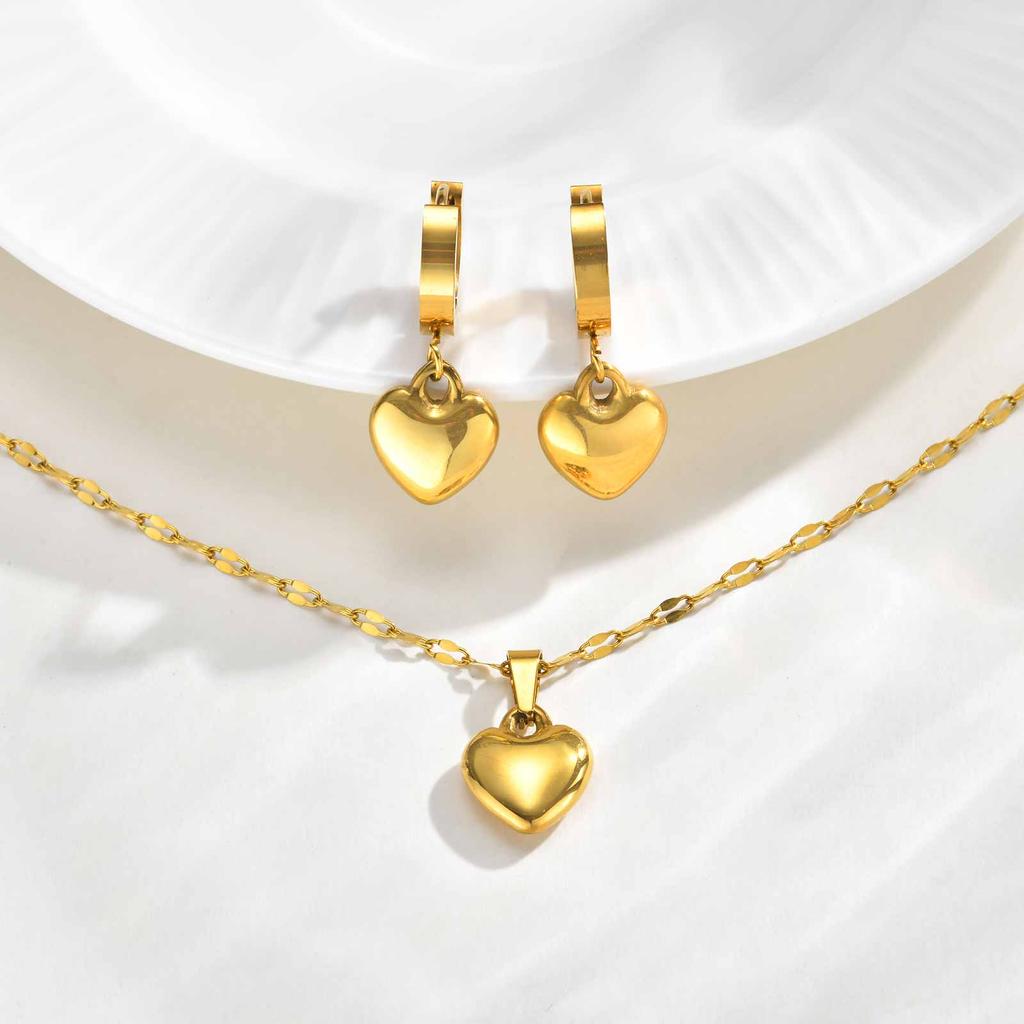 High Quality Heart Shape Earrings Necklace Set Gold Plated Love Earrings Necklaces Stainless Steel Set Jewelry Gift for Mother