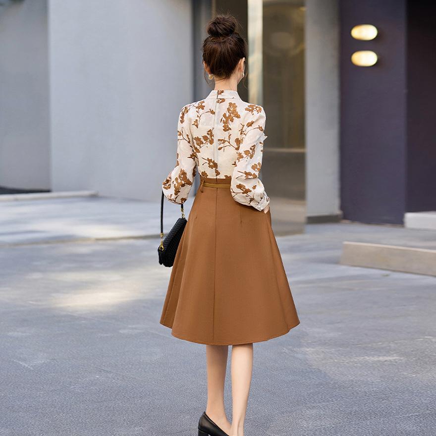 Ribbon collar print splicing fake two-piece dress women's spring new temperament formal settings professional skirt