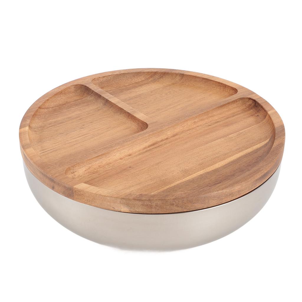 Stainless Steel Salad Bowls with Wood Lids Large Capacity Multifunctional Thickened Round Salad