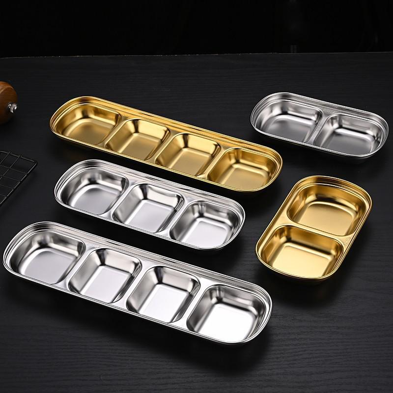 Korean Style 304 Stainless Steel Multi-compartment Sauce Dish for BBQ & Hot Pot, Golden Finish