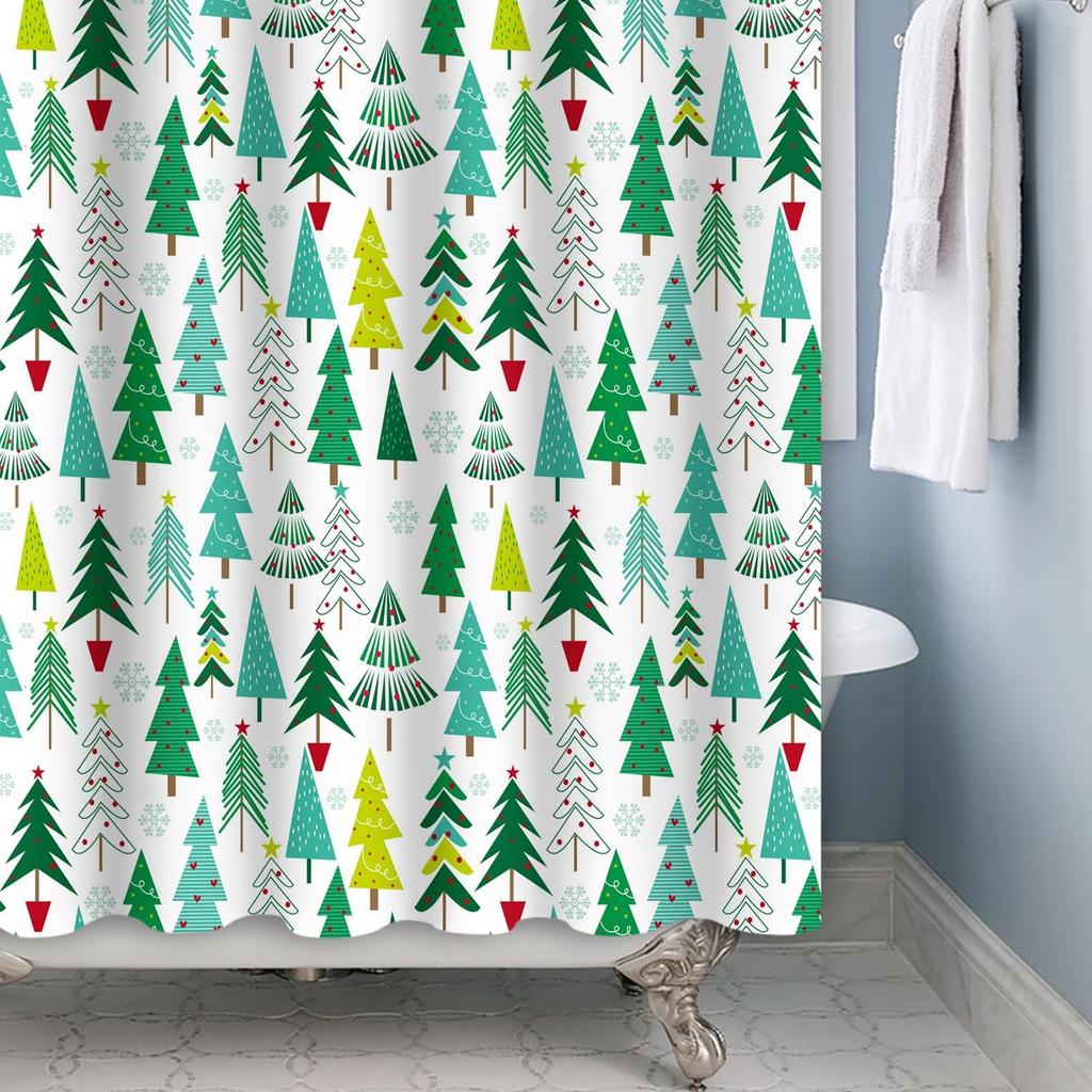 Boho Christmas Trees Shower Curtain Geometric Pattern Xmas Trees Shower Curtain Green Blue Red Merry Christmas New Year Shower