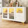 Buffet Sideboard White LED Kitchen Cabinet Glass Door Wood Metal Legs 140x40x90cm Plenty of Storage Space Modern Design