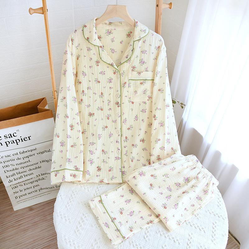 Women's Autumn Long Sleeve Cotton Floral Crinkle Fabric Plus Size Homewear Set