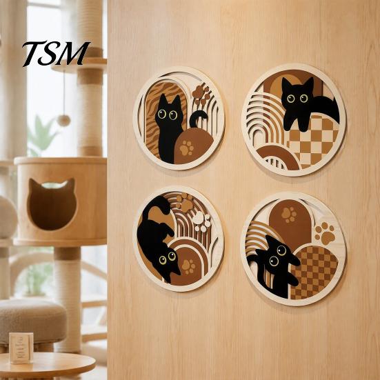 Black Cat Silhouette Wall Hanging 4Pcs Wooden Decor, 2D Flat Geometric Hollow Art Prints Solid Wood Decorative Panels Art, Modern Minimalist Signs for