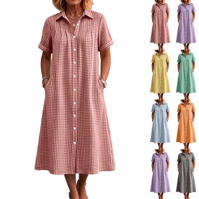 Women Plaid Short Sleeve Shirt Dress Button Down Collared Midi Dress with Pockets Casual Loose Fit Summer Dress