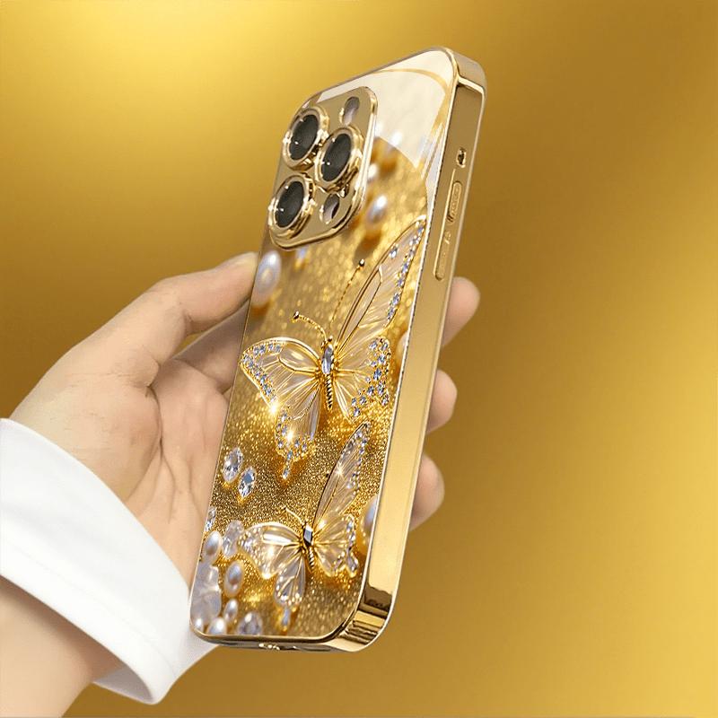 Diamond Gold Butterfly Glass Tempered Phone Case Suitable for iPhone 17 16 15 14 13 12 11 Pro/Max/Plus Anti Drop and Shockproof
