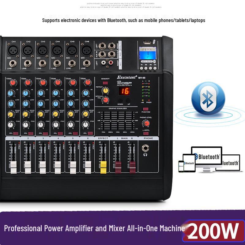 All-in-One 4/6 Channel Professional Mixer Amplifier with High Power, Reverb, and Equalizer for Stage and Wedding Performances