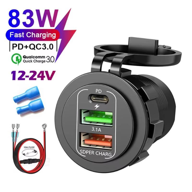 4-Ports 86W Car Charger PD Type C QC3.0 Fast Charging with Voltmeter Power Outlet Adapter Waterproof 12V/24V for Car Boat