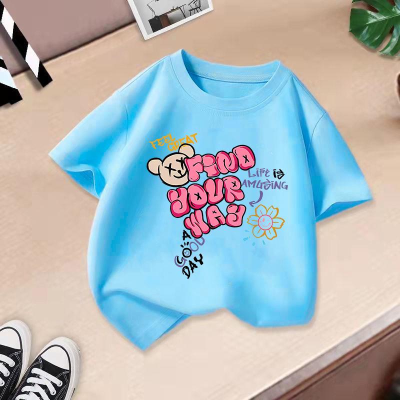 Children T-shirt Cute Cat Printed Kids 100% Cotton Clothes Tops 2-13Y Loose-fit Casual  O-Neck Short-sleeve T-shirt