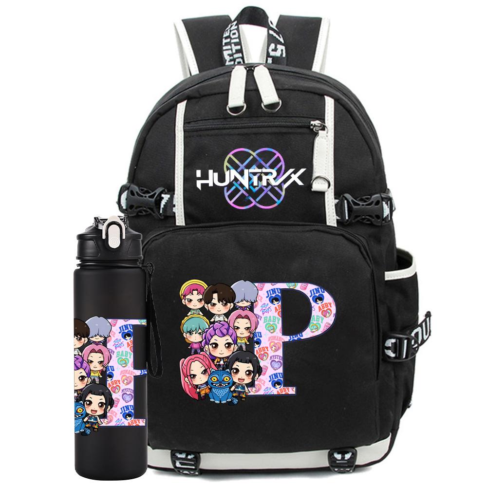 2 Stück/Set 26 Englische Buchstaben K-Pop Aufdruck Rucksack mit 750ml Wasserflasche für Teenager Schüler Mädchen Junge Schultasche Kinder Geschenk Große Kapazität Reisetasche