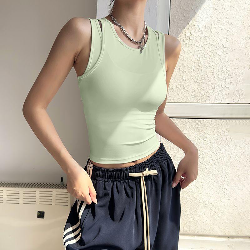 

Yoga Clothes Sports Vest Women s Running with Chest Pad Training Workout Top Sleeveless Fake Two-Piece Slim Looking Yoga Short Sleeve Green M
