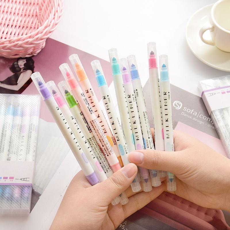 12Pcs/set 12Colors Cute Double Head Fluorescent Pen Highlighters Color Marker Pen School Supplies