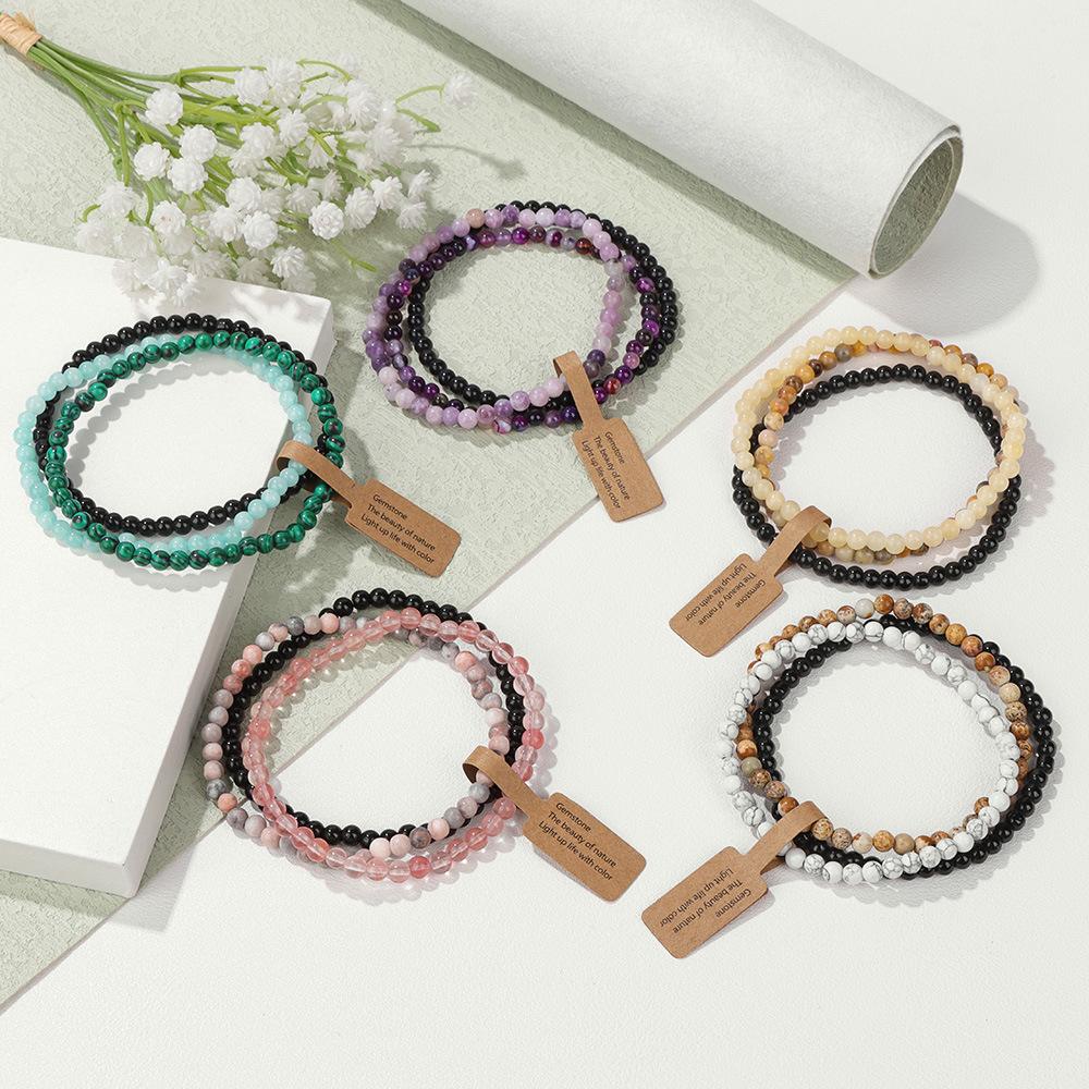 Braccialetti Elastici con Perline di Pietra Naturale da 4 mm (3 Pezzi) per Donna Uomo Agate Muschiate Quarzi Rosa Set di Braccialetti Elasticizzati con Etichetta Gioielli