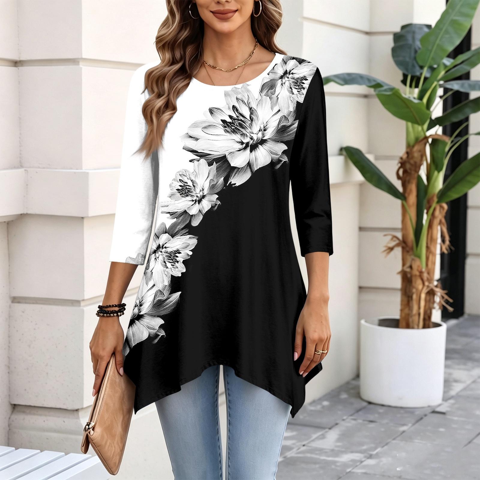 Women s Fashion Casual Three-Quarter Sleeve Pullover Top for Everyday Wear L