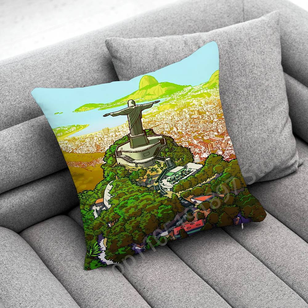 Rio De Janeiro Brazil Flag Map Passport Throw Pillow Case For 45x45cm 40x40cm 50x50cm 30x30cm Square Car Pillowcase Shell