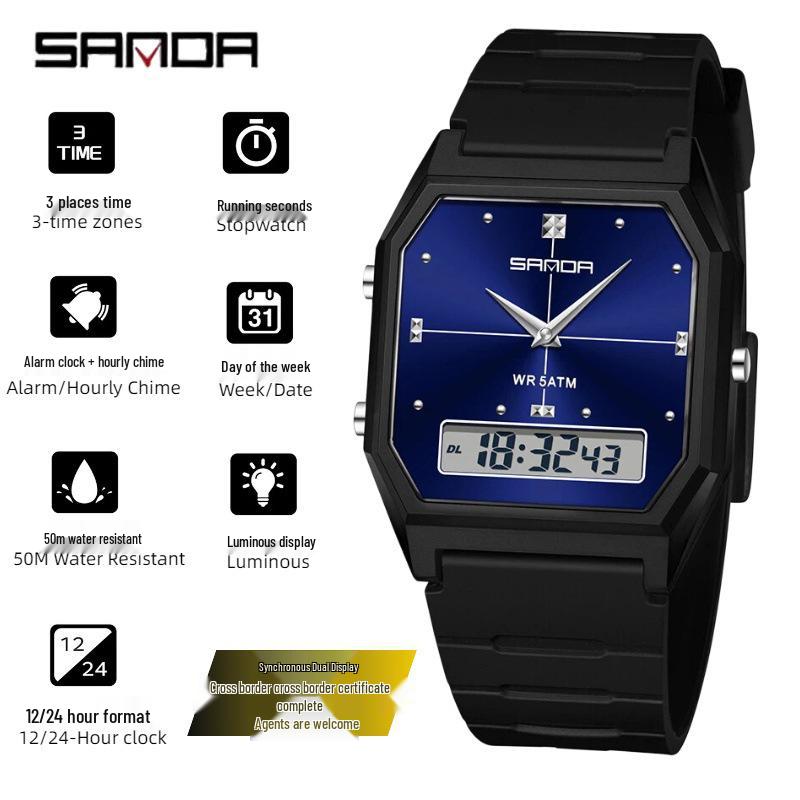Sanda TEMU Men's Sports Watch: Hot-Selling, Waterproof, Luminous, Thin Square Design, Dual Display, Three Time Zones.