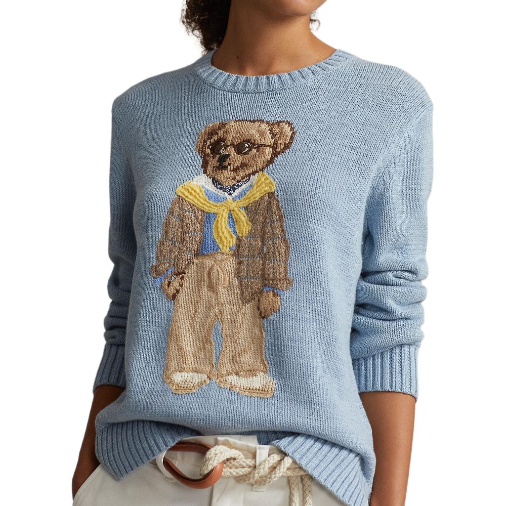 Polo Ralph Lauren SS24 Bear Embroidered Crew Neck Loose Fit Knit Sweater Women sweater Blue WMPOSWENC020874-450