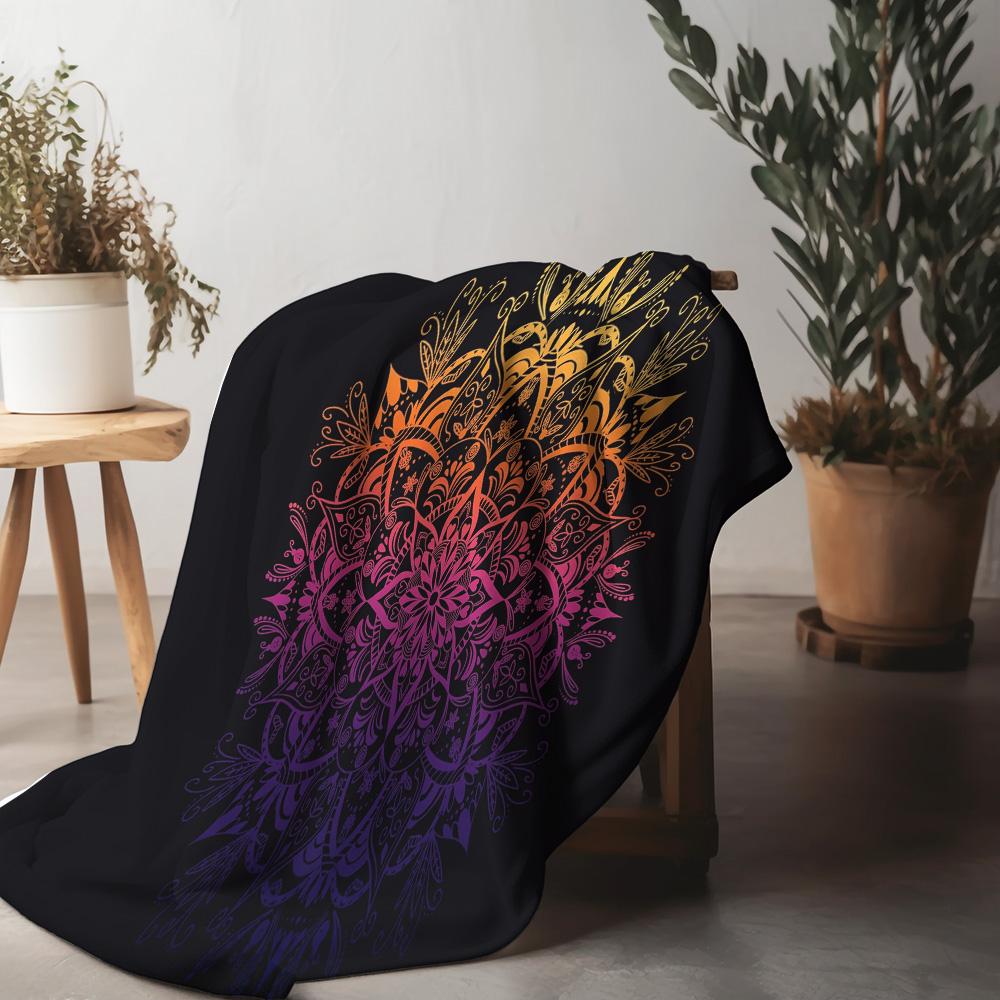 Black Mandala Pattern Fleece Blanket - Bohemian Decorative Throw Blanket - Psychedelic Rainbow Geometric Print Bed Throw Cushion