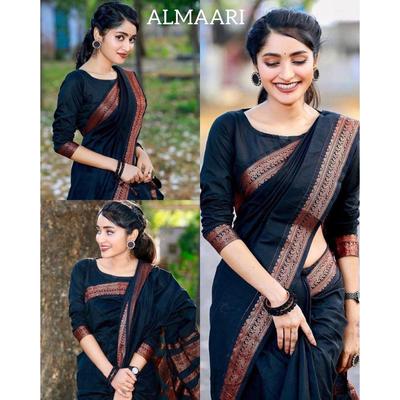 Silk Saree från butiken ALMARI pryds av vackra Zari-verk i form av traditionella motiv.