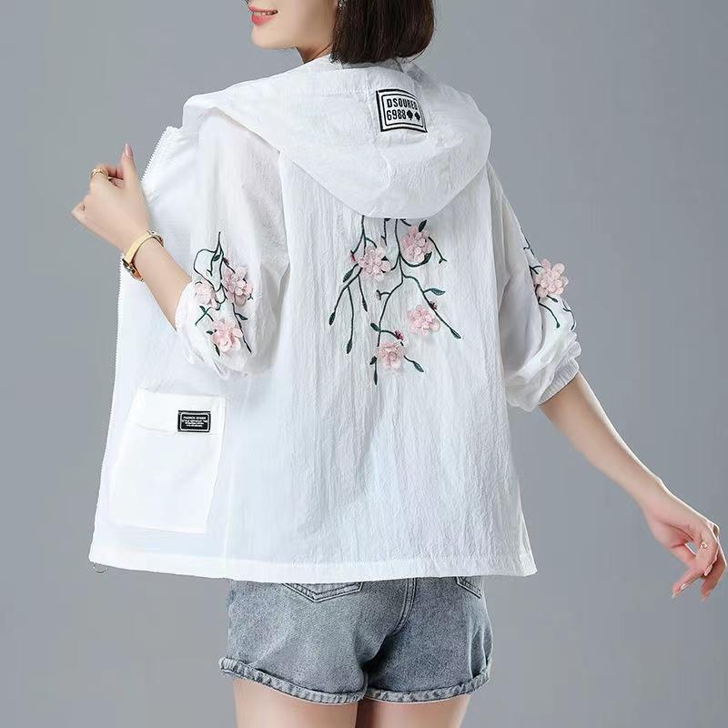 

Embroidery Print Hooded Thin Coat Spring Summer Oversize Loose Jackets Women Casual Sun Protection Outwear Elegant Chaquetas S білий