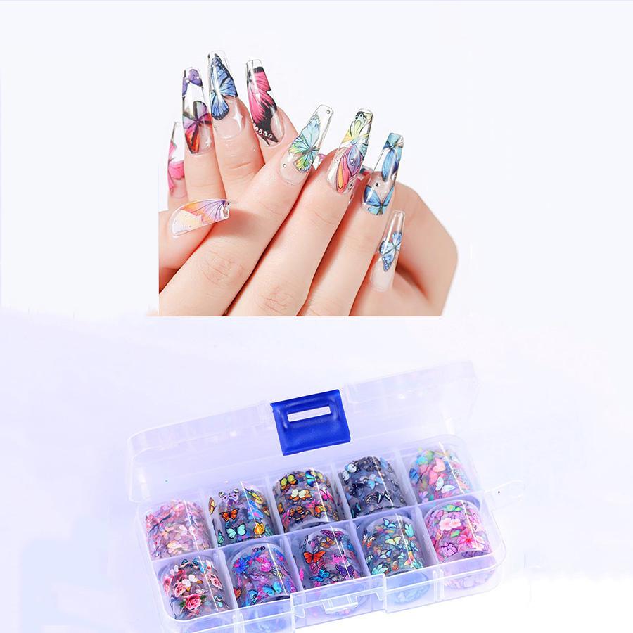 10 Rollen Holographische Nail Art Transferfolie Aufkleber Blume Sternenhimmel AB Papier Wraps