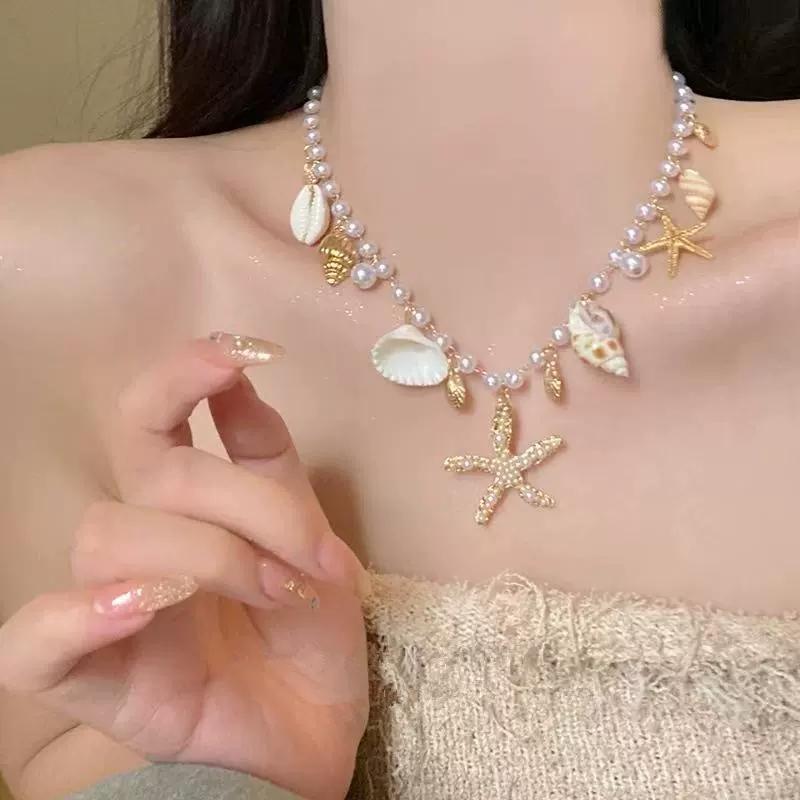 Trendy Shell Conch Sea Star Pendant Pearl Chain Choker Necklace For Women Summer Beach Party Neck Accessories Gift Wholesale