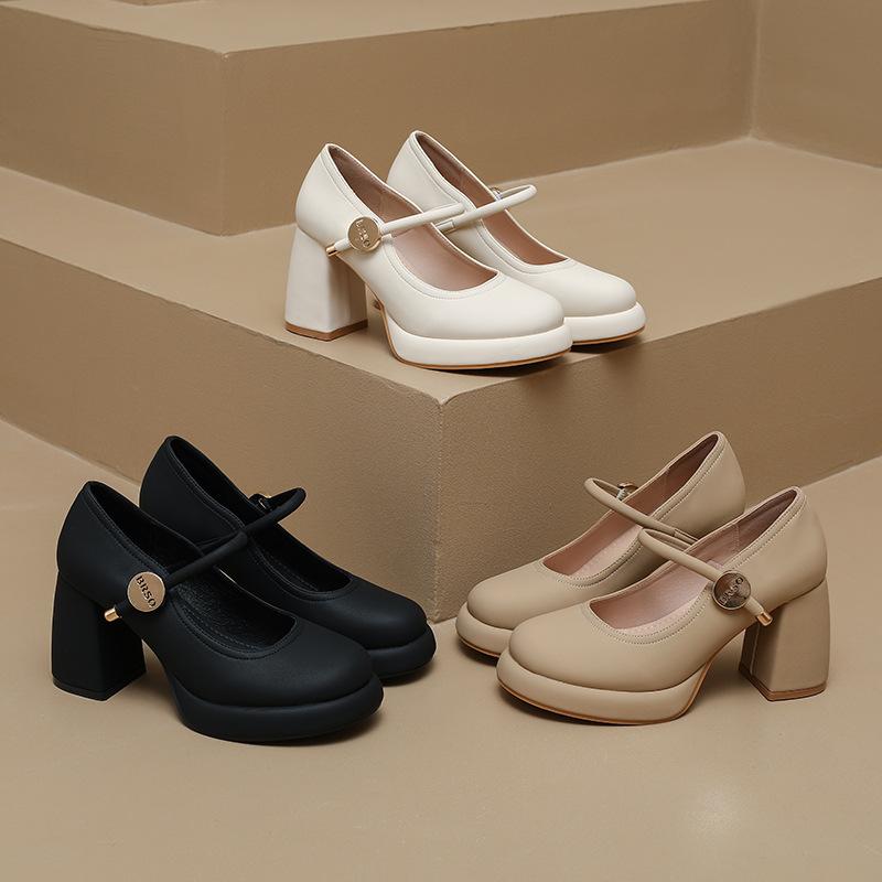 Dámské boty na vysokém podpatku silné podpatky jaro 2025 nový temperament jednobarevné boty lehká ústa univerzální pásek přes nárt francouzské boty Mary Jane