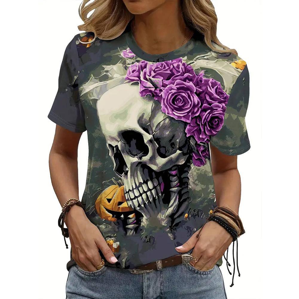 Summer Fashion Short Sleeve Tops Casual 3d Skull Printed T-shirts Female Clothing O-Neck Streetwear Tees & Blouses Oversized