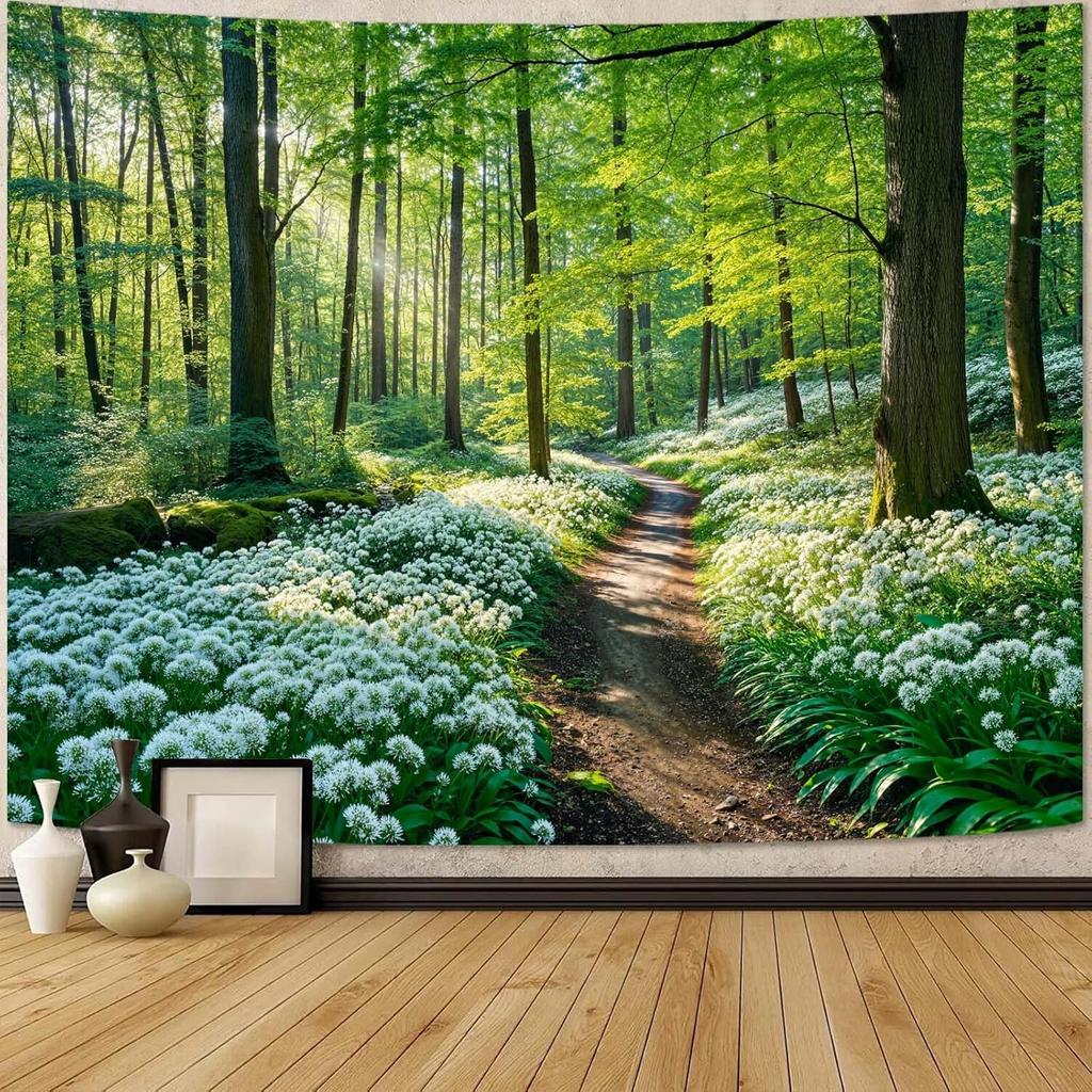Zussun Natural Forest Tapestry Green Tree Wall Tapestry Bedroom Aesthetic Plant Stream Pool Landscape Small Tapestry Wall Hangin