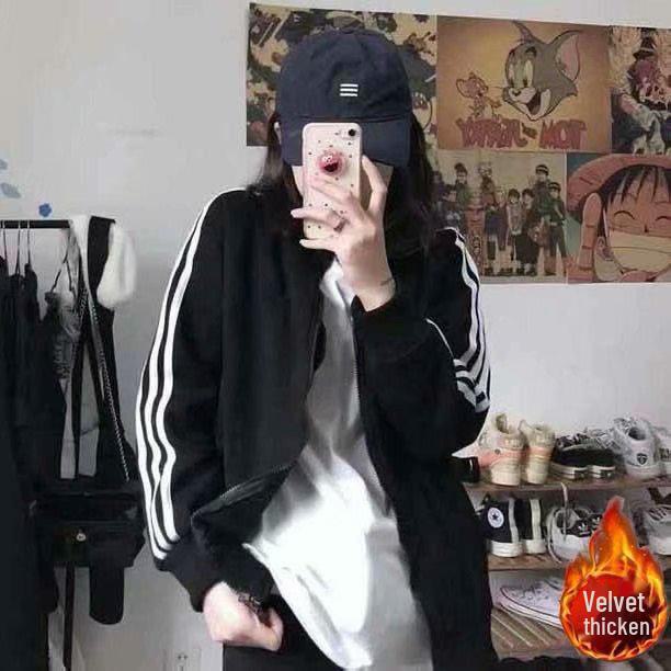 Hongxinjie Women's Korean-Style Black Baseball Jacket - Lightweight Spring/Summer Three-Bar Design for Students, Loose Fit