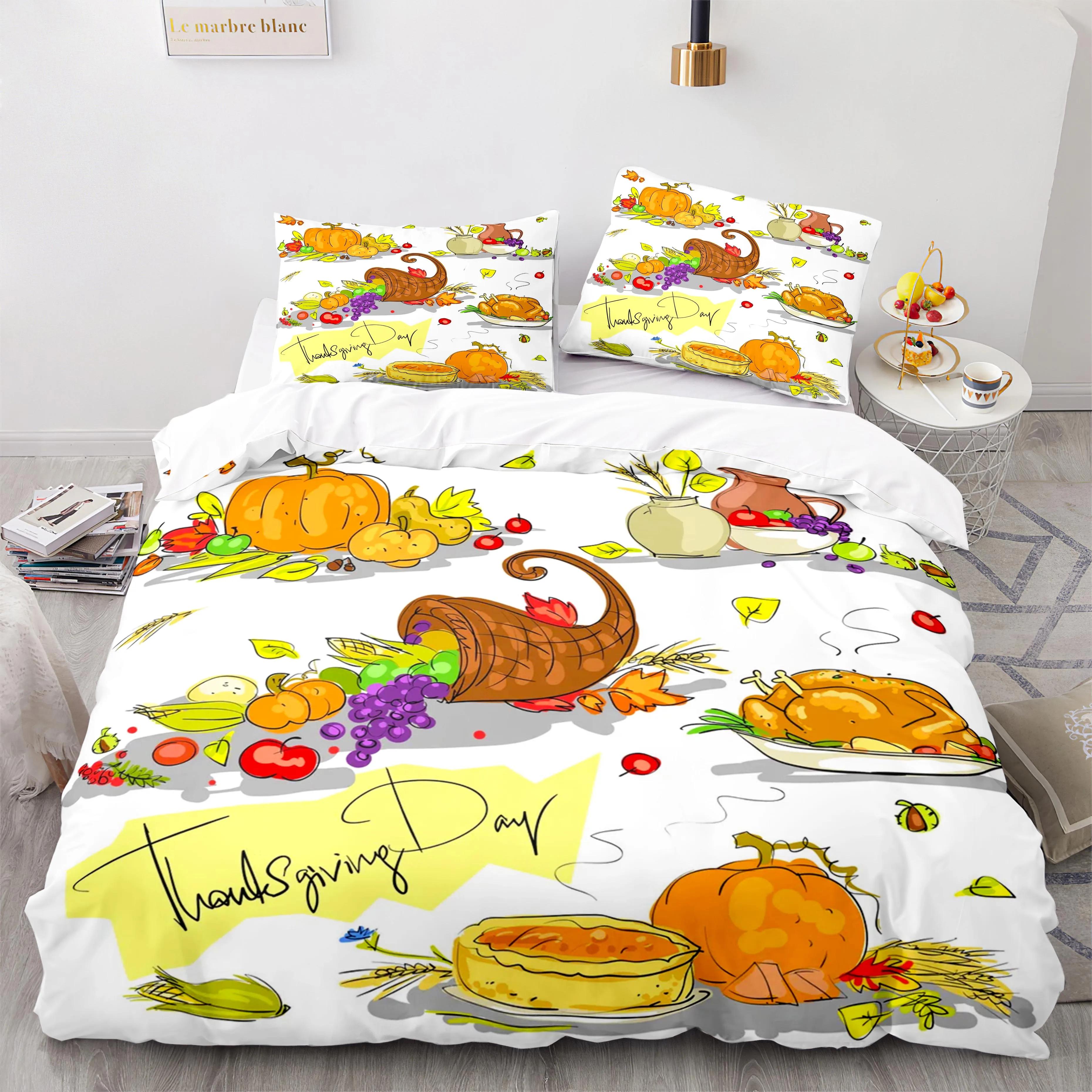 

Thanksgiving King Queen Duvet Cover Lovely Cartoon Turkey Pattern Bedding Set For Kids Teens Festival Soft Polyester Quilt Cover EU Single(135*200cm)3pcs