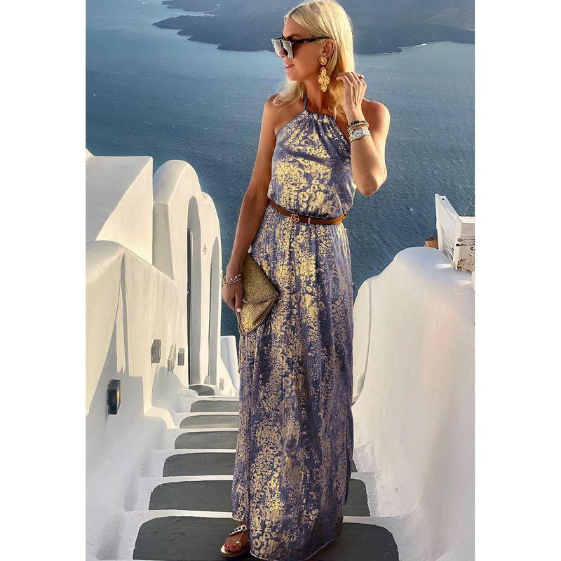 

Casual off-the-Shoulder Casual Bronzing Dress Halterneck Navy blue M