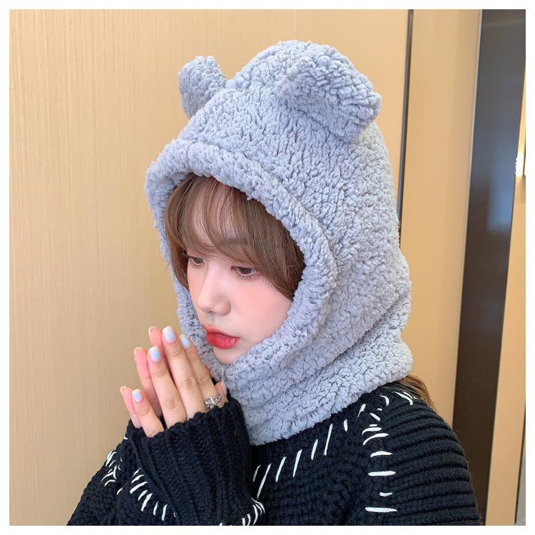 Cute Bear Ears Beanies Women Winter Head Hood Scarf Hat Cap Thicken Cozy Warm Bonnet Female Lamb Balaclava Riding Bobble Hat
