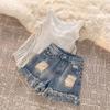 Korean Summer 2026 Women's Three-Piece: Hollow Out Top, Versatile Vest & Denim Shorts Set