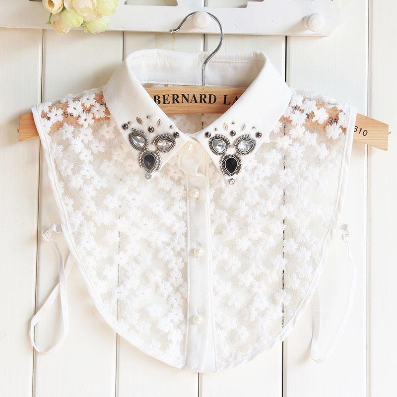 Women s Korean Style Lace Fake Collar Shirt with Black White Rhinestone Design
