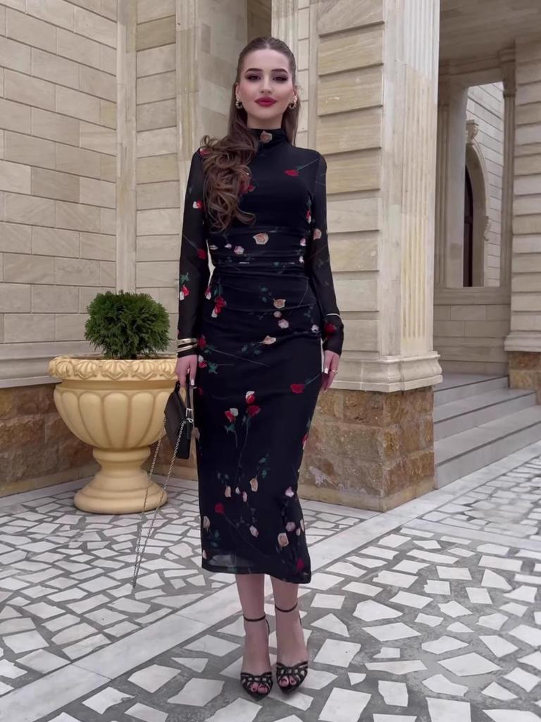 2025 Herbst Schwarzes Netz-Print Schlankmachendes Langarmkleid