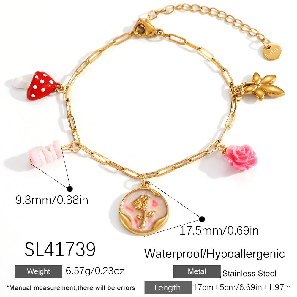 SUMMLY Spring Summer Rose Flower Mushroom Pendant 18K Gold Plated Stainless Steel Charm Bracelet Fashion Jewelry