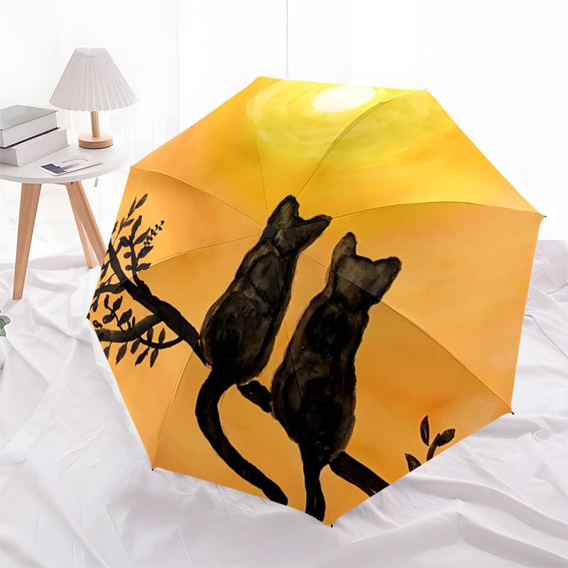 1pc Cats Sunset Automatic Folding Umbrella, 8-Rib Durable Iron Frame, Compact Travel Umbrella for Women & Men101