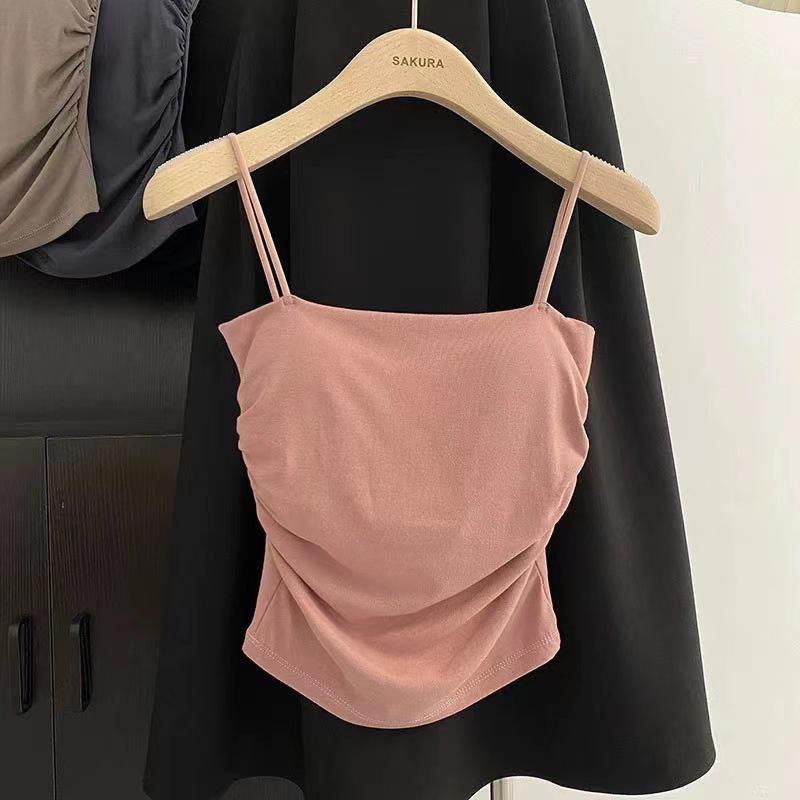 Dámský francouzský šik špagetový top s plisovaným tubovým vrškem a polstrovanou hrudí