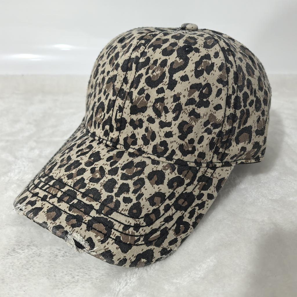 Vintage Washed Leopard Print Baseball Cap For Women Distressed Denim Sun Hat Adjustable Casual Streetwear Cap