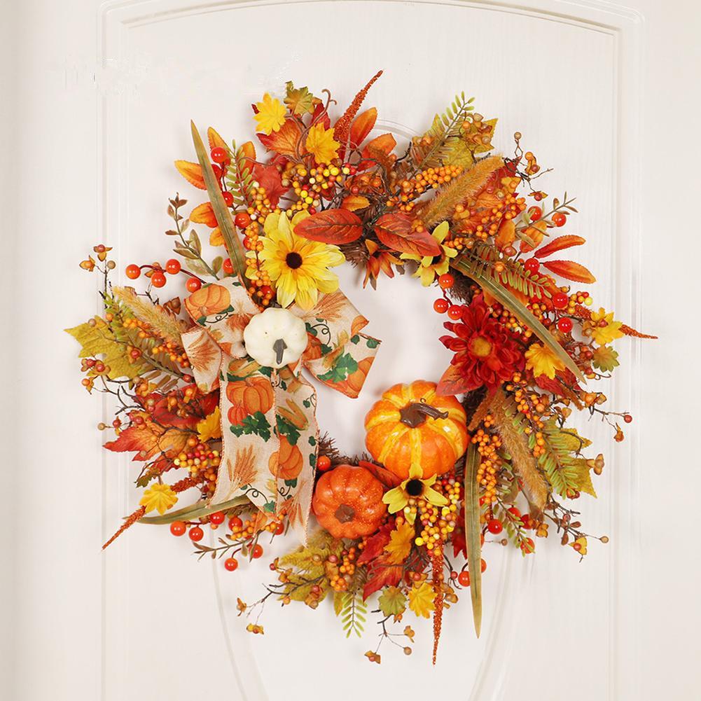 Fall Wreath For Front Door 20" Autumn Wreath With Lights Artificial Pumpkin Berry Wreath For Thanksgiving Halloween Home Decor